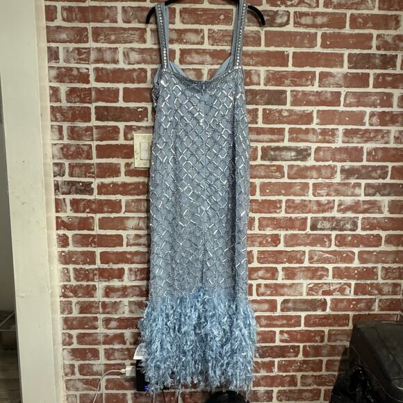 NWT ASOS DESIGN Light Blue Beaded Feather Hem Dress Size 14 Glam Formal Gown - Picture 3 of 16